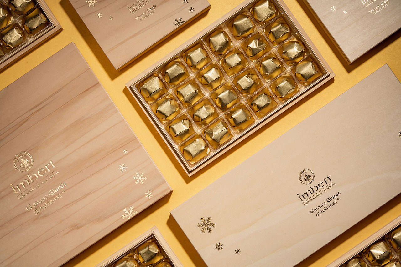 Coffret bois de Marrons Glacés Enveloppés